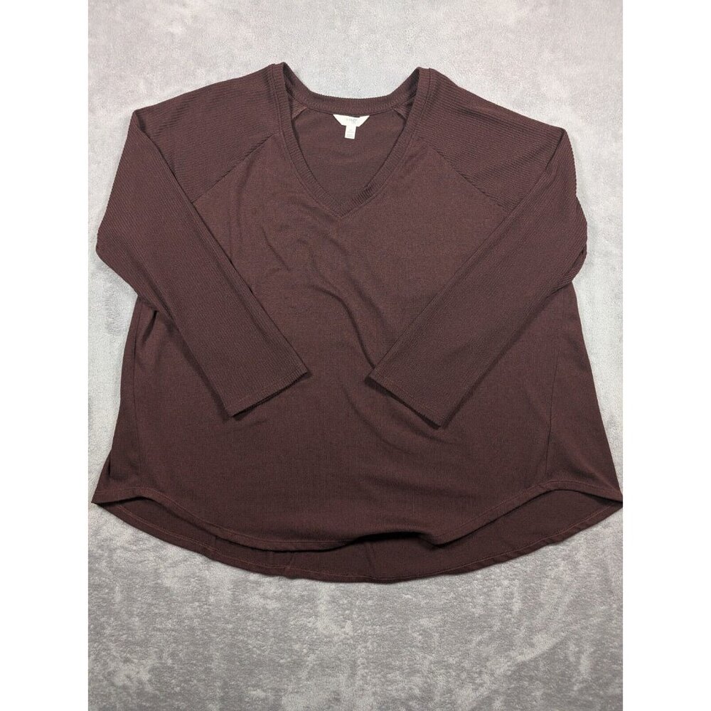 Terra & Sky Blouse Womens Size 2X 20W 22W Brown Ribbed Sleeves Casual Minimalist